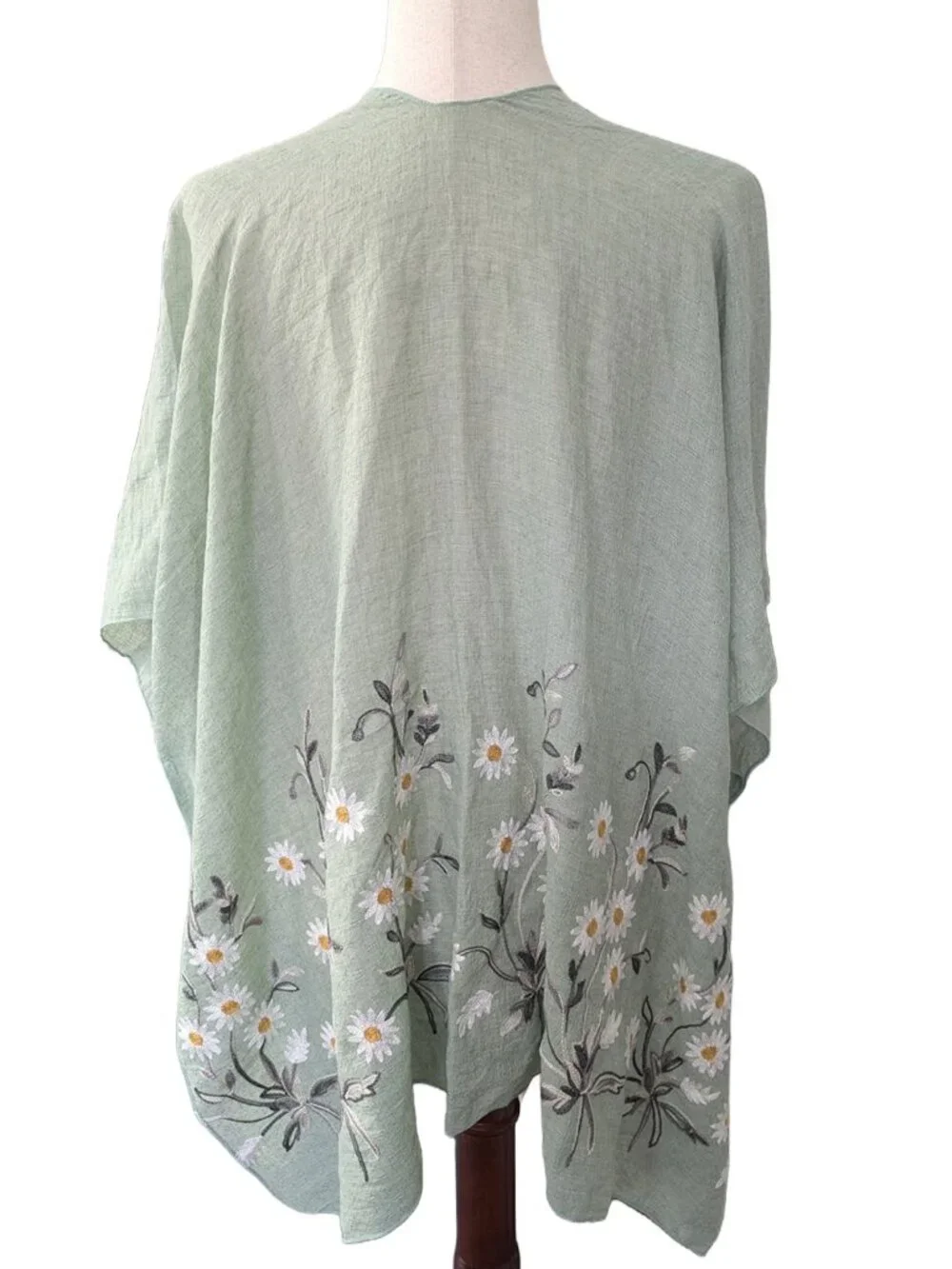 NWOT Sage Green Open-front Woven Kimono with Embroidered Daisy Hem